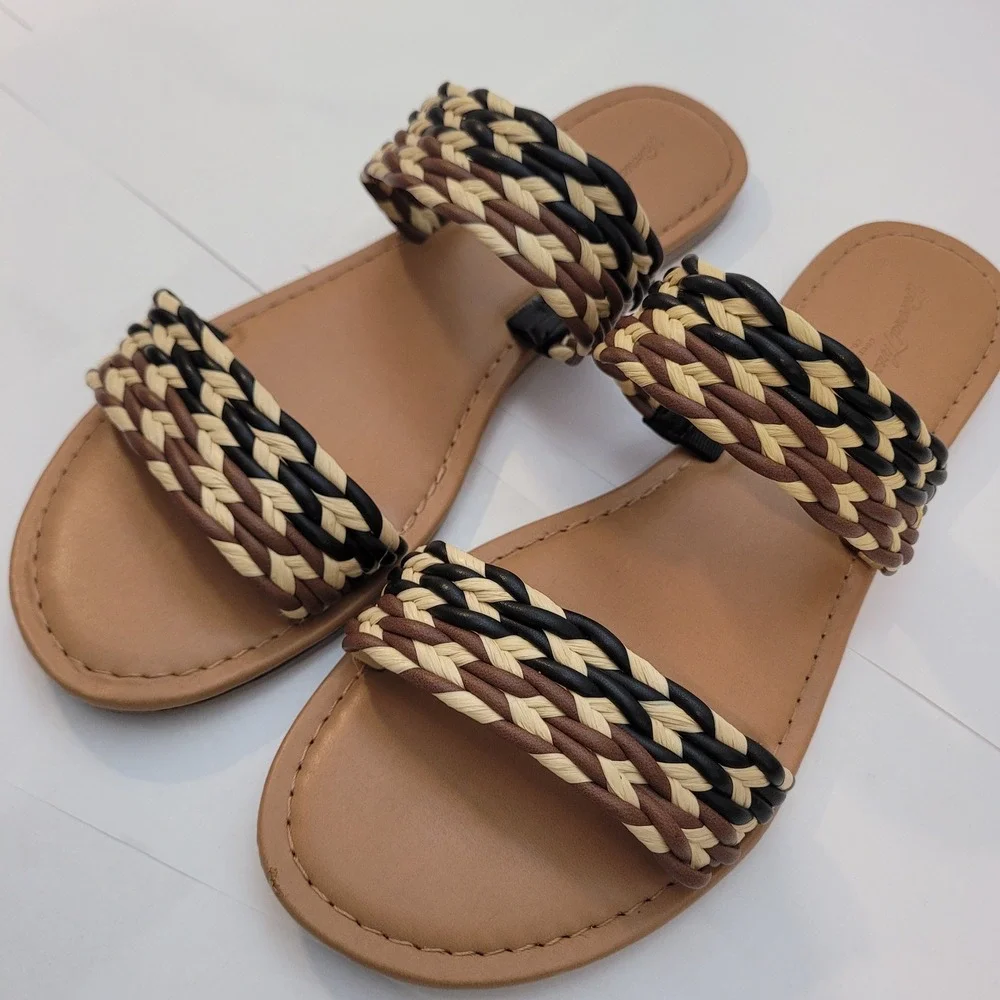 Universal Thread‎ Slide Sandals Women 8.5 Braided Straps Brown Tan Woven Flat